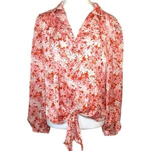Eclair Blouse Floral Tie Front Button Down Satin Long Sleeve Red Pink  Medium
